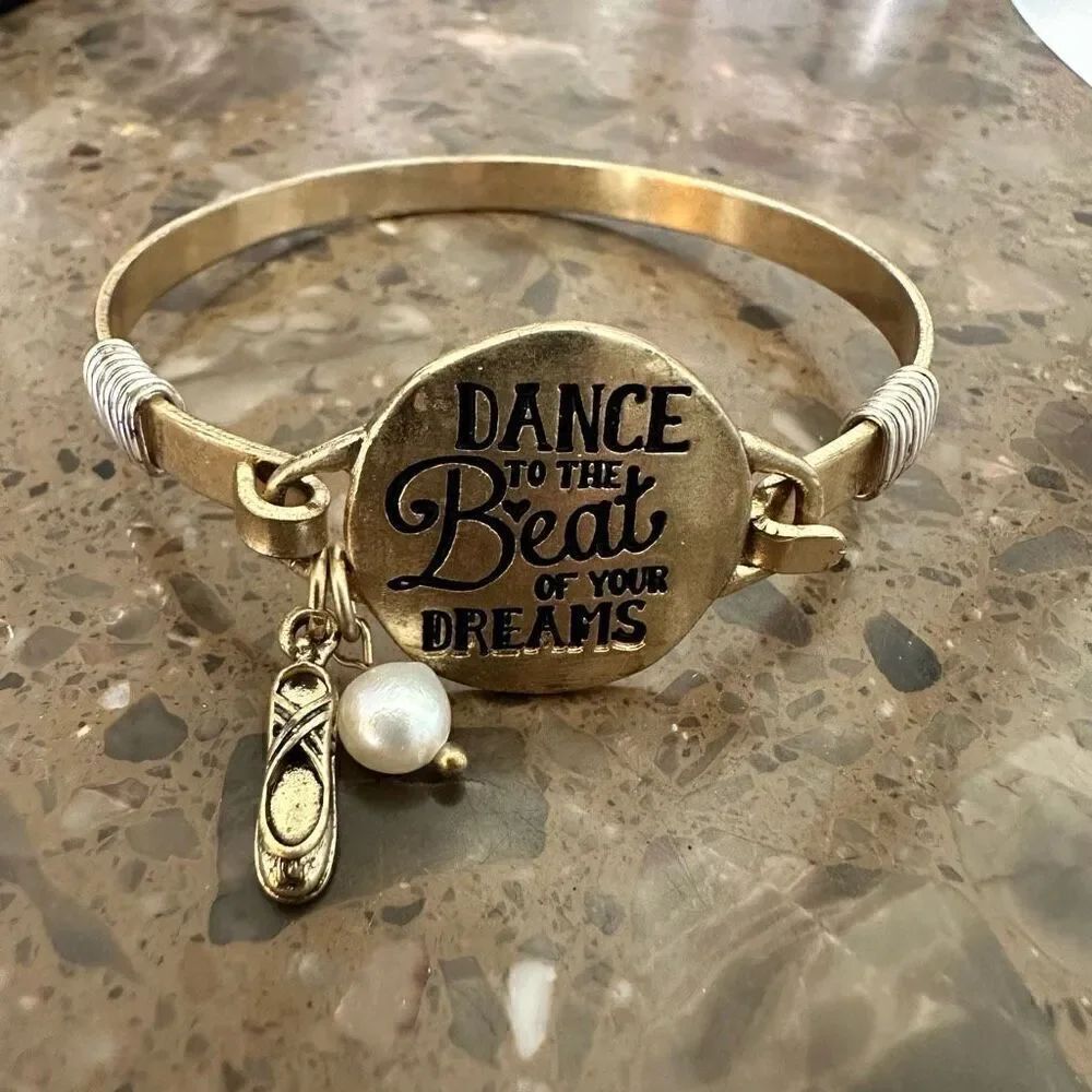 Dance To The Beat Of Your Dreams Ballet Shoe Faux Pearl Charm Bangle Bracelet Go